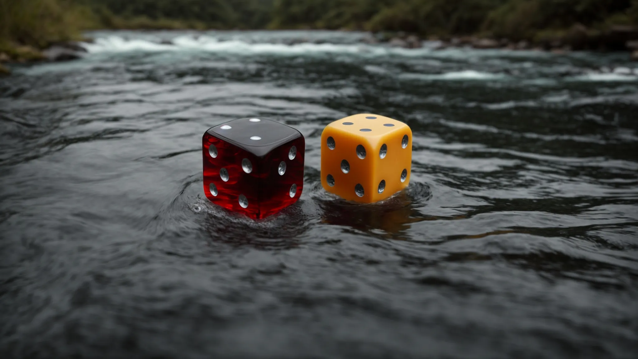 a view of two contrasting sections, one featuring a single dice and the other a smoothly flowing river, illustrating the concept of discrete versus continuous distributions.
