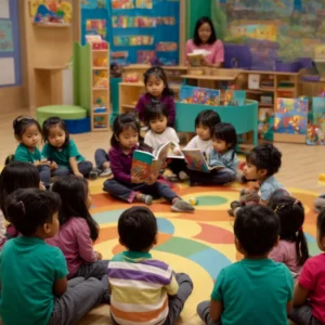 a circle of preschool children gathered around a teacher reading a colorful book.