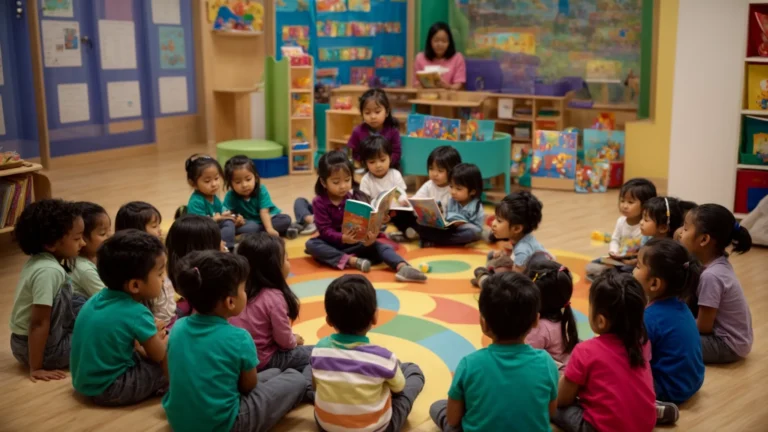 a circle of preschool children gathered around a teacher reading a colorful book.