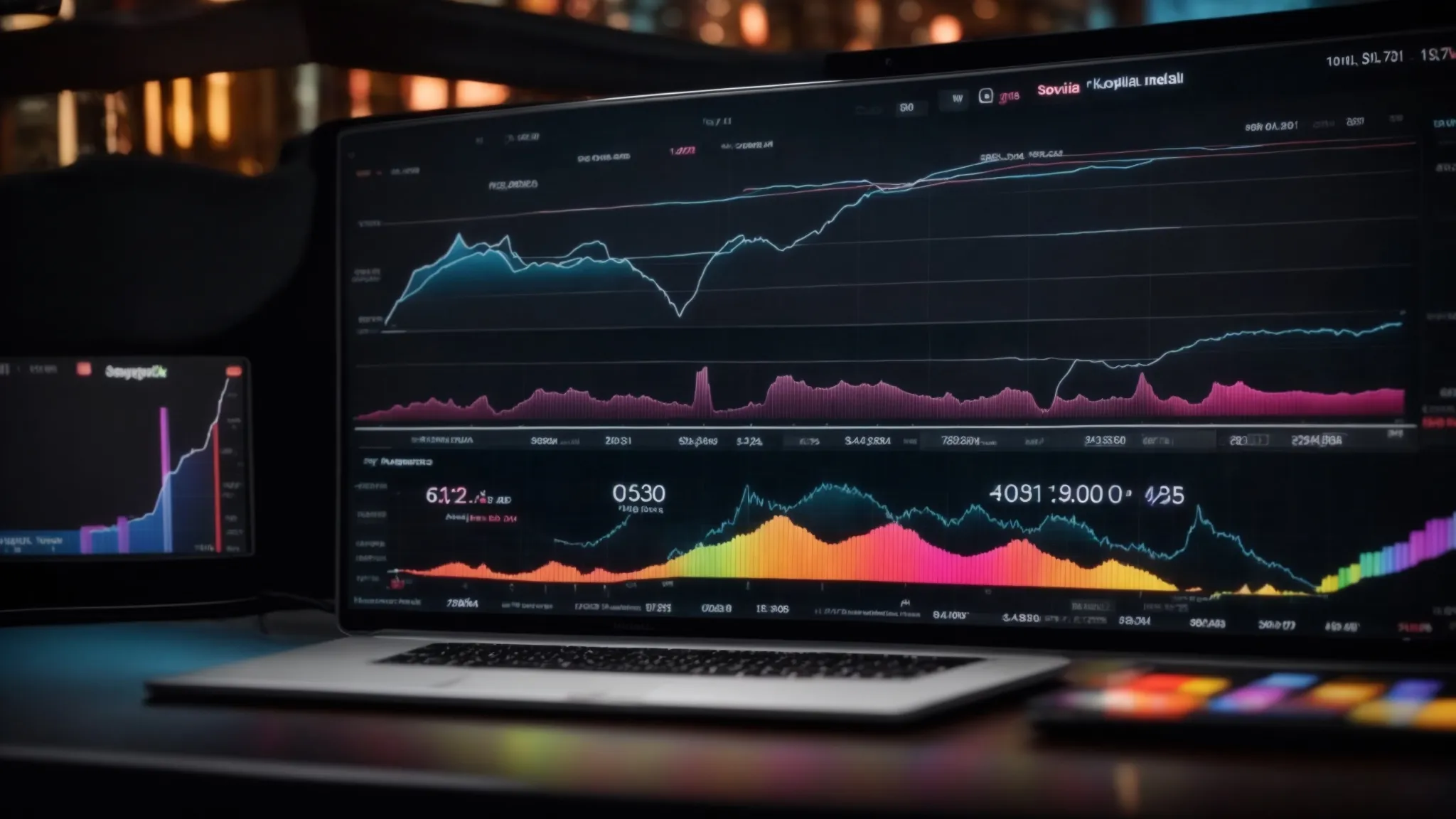 a computer screen displaying colorful graphs and charts of social media analytics.