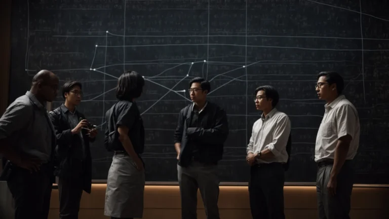 several mathematicians gather around a large chalkboard covered in graphs and nodes connected by lines.