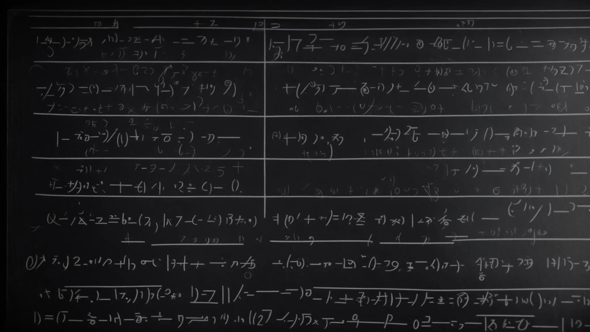 a chalkboard covered in algebraic expressions, highlighting different elements of equations without focusing on specific details.