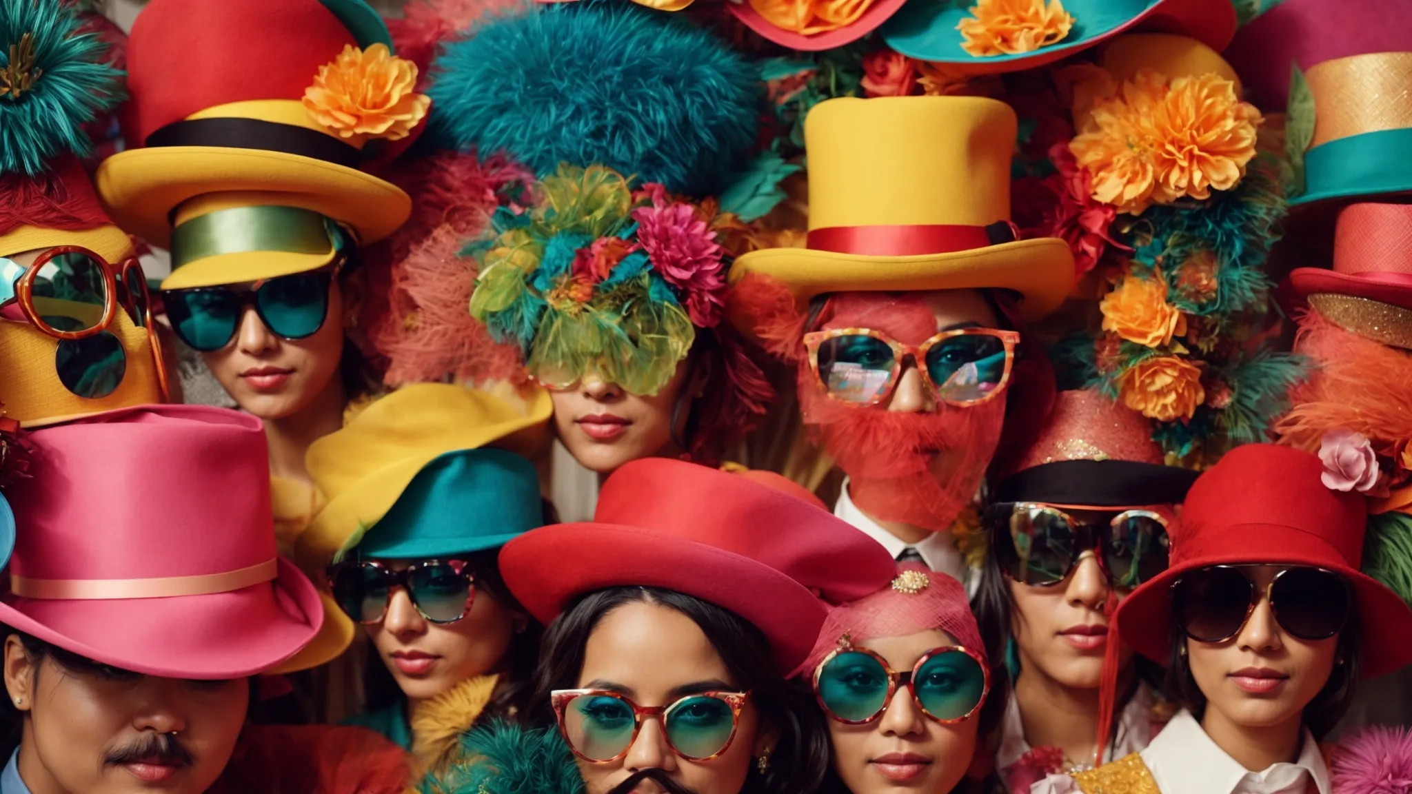 a diverse array of colorful props, including whimsical hats and oversized glasses, is artfully arranged in a photo booth at a vibrant wedding celebration.