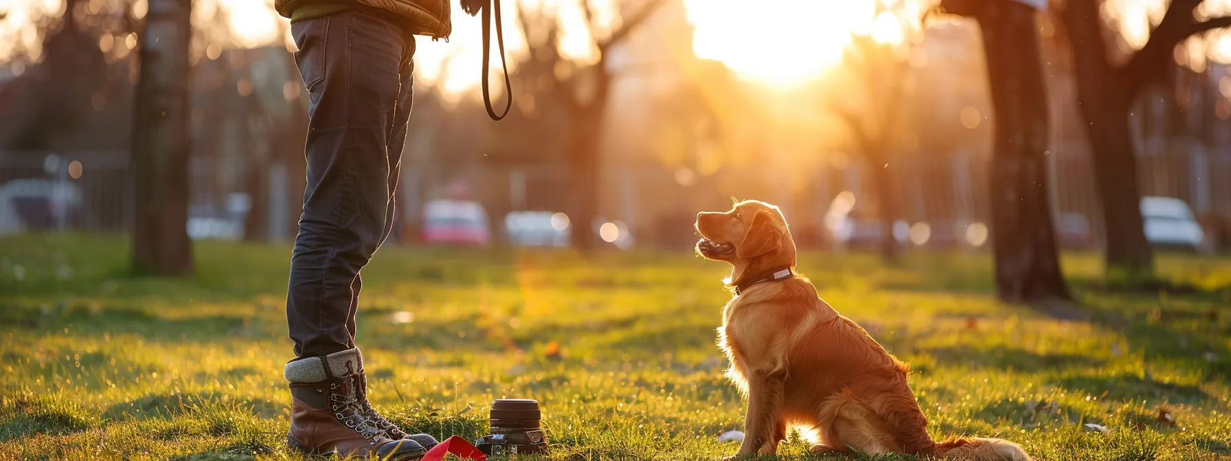 a dog trainer using voice command gadget while guiding a dog on a leash.
