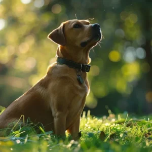 a pet wearing a gps tracker exploring a park.