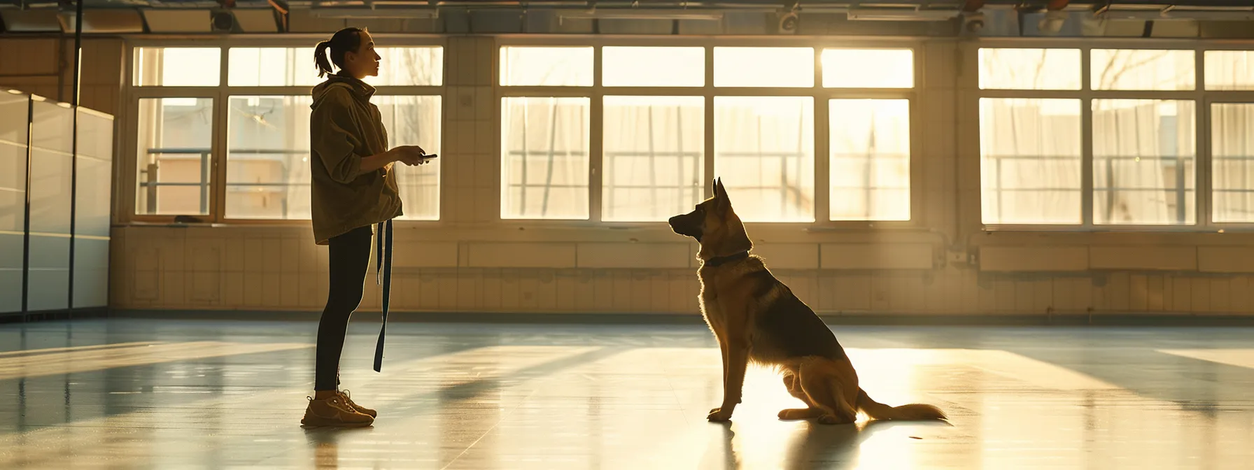 a person using a voice command device to train a dog in a spacious training area.