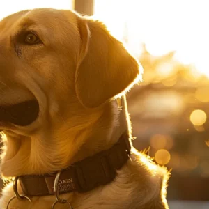 a dog wearing a high-tech collar that responds to voice commands.