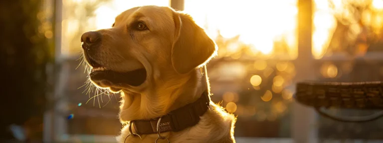 a dog wearing a high-tech collar that responds to voice commands.