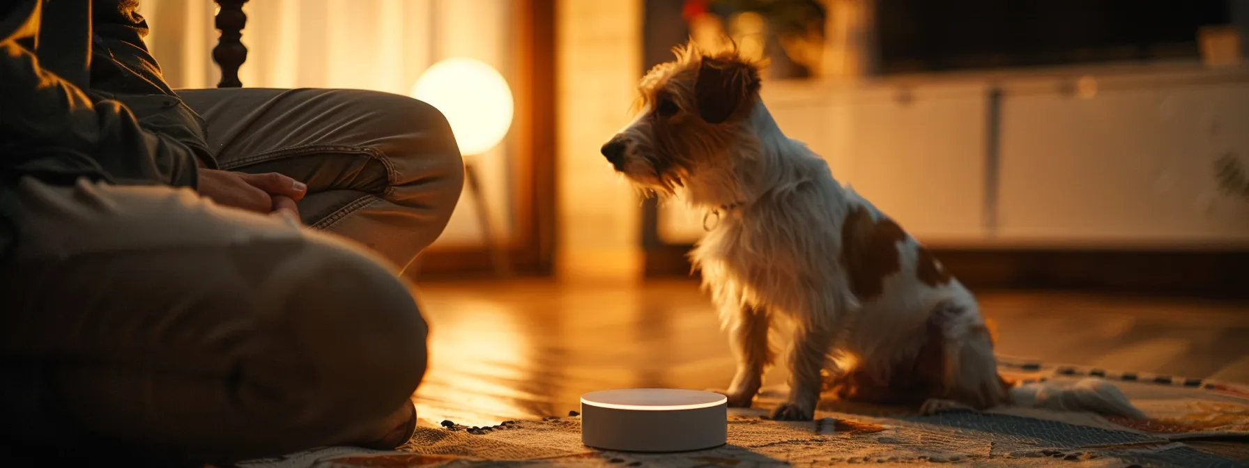 a person using a voice-activated dog training gadget while their dog attentively listens and follows commands.