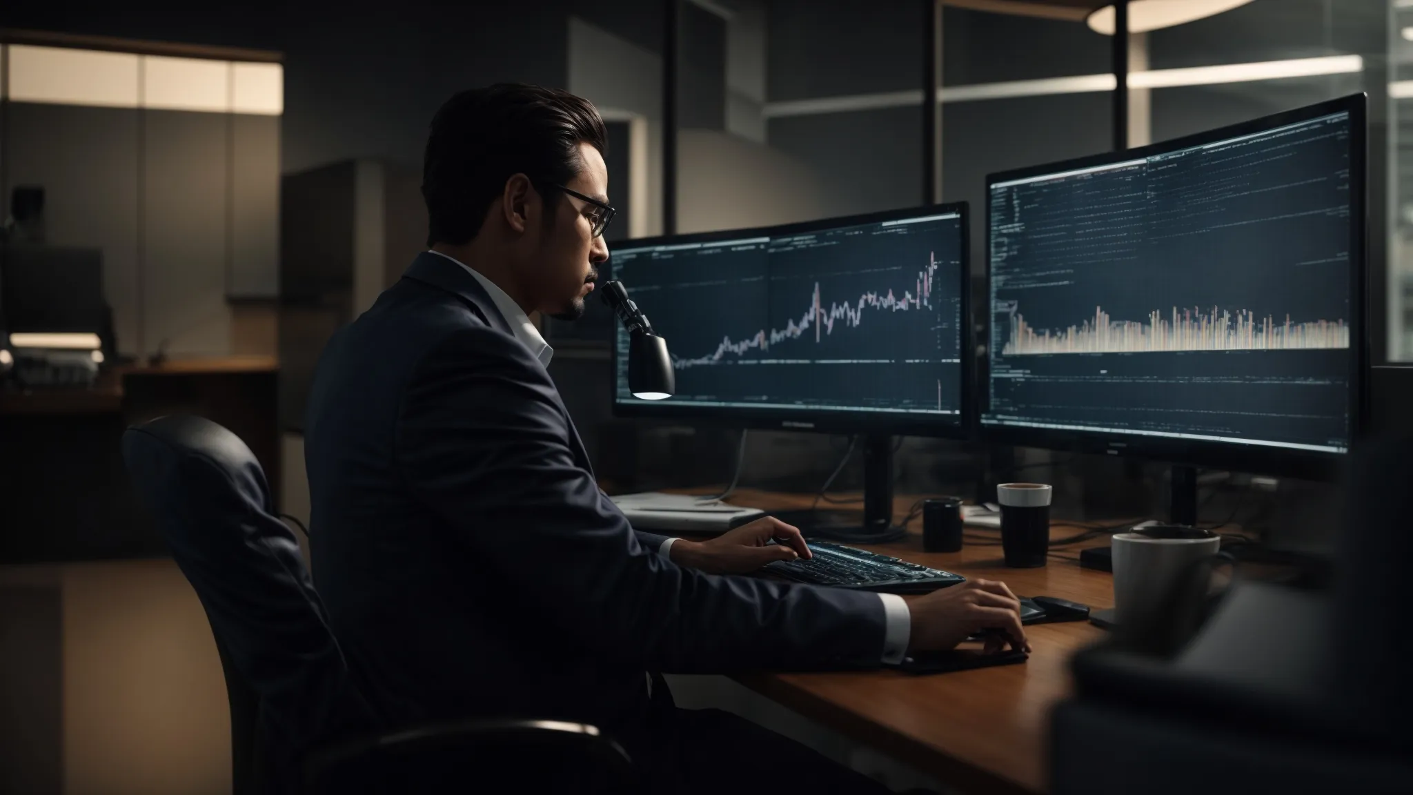 a professional analyzing data charts on a computer screen in a modern office.