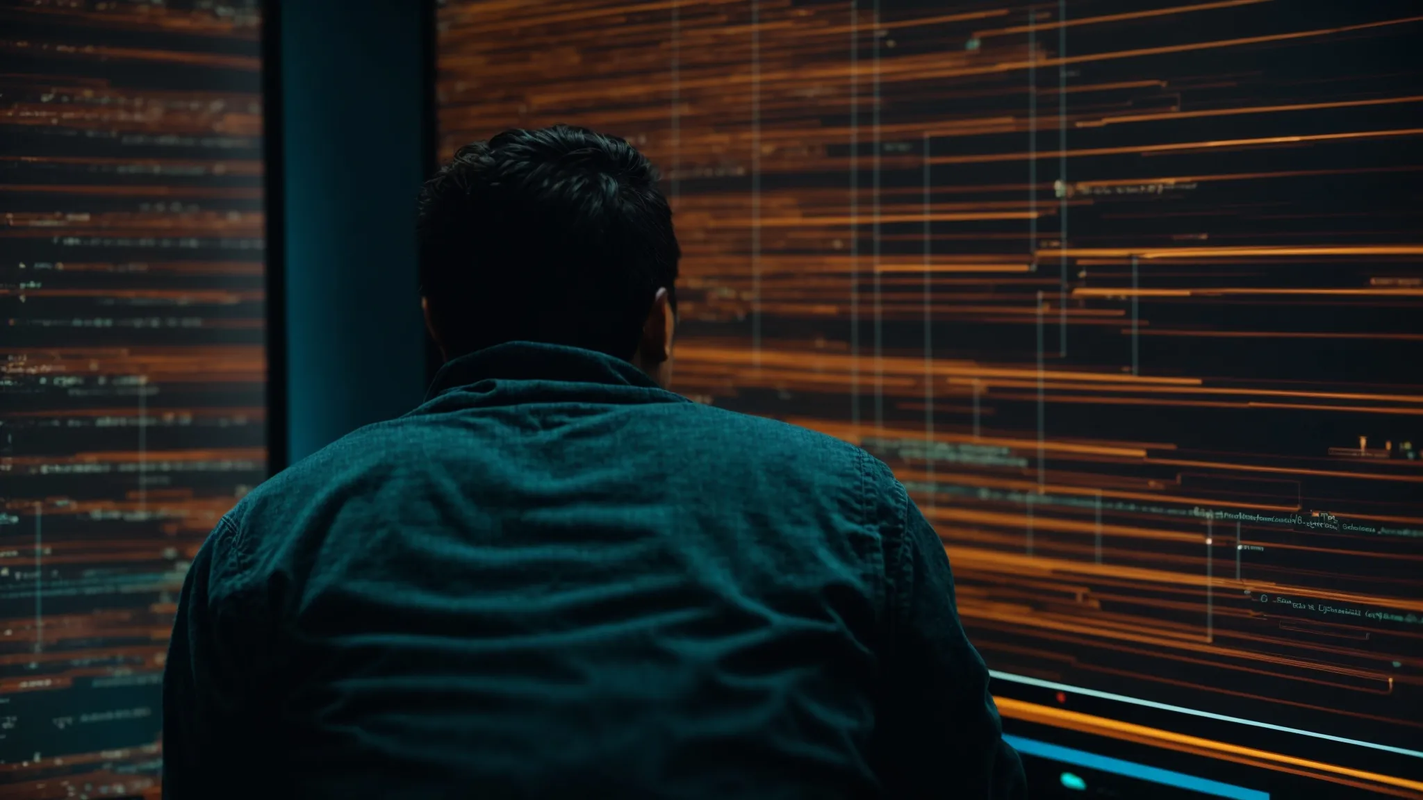 a person intently studies a computer screen filled with lines of code.