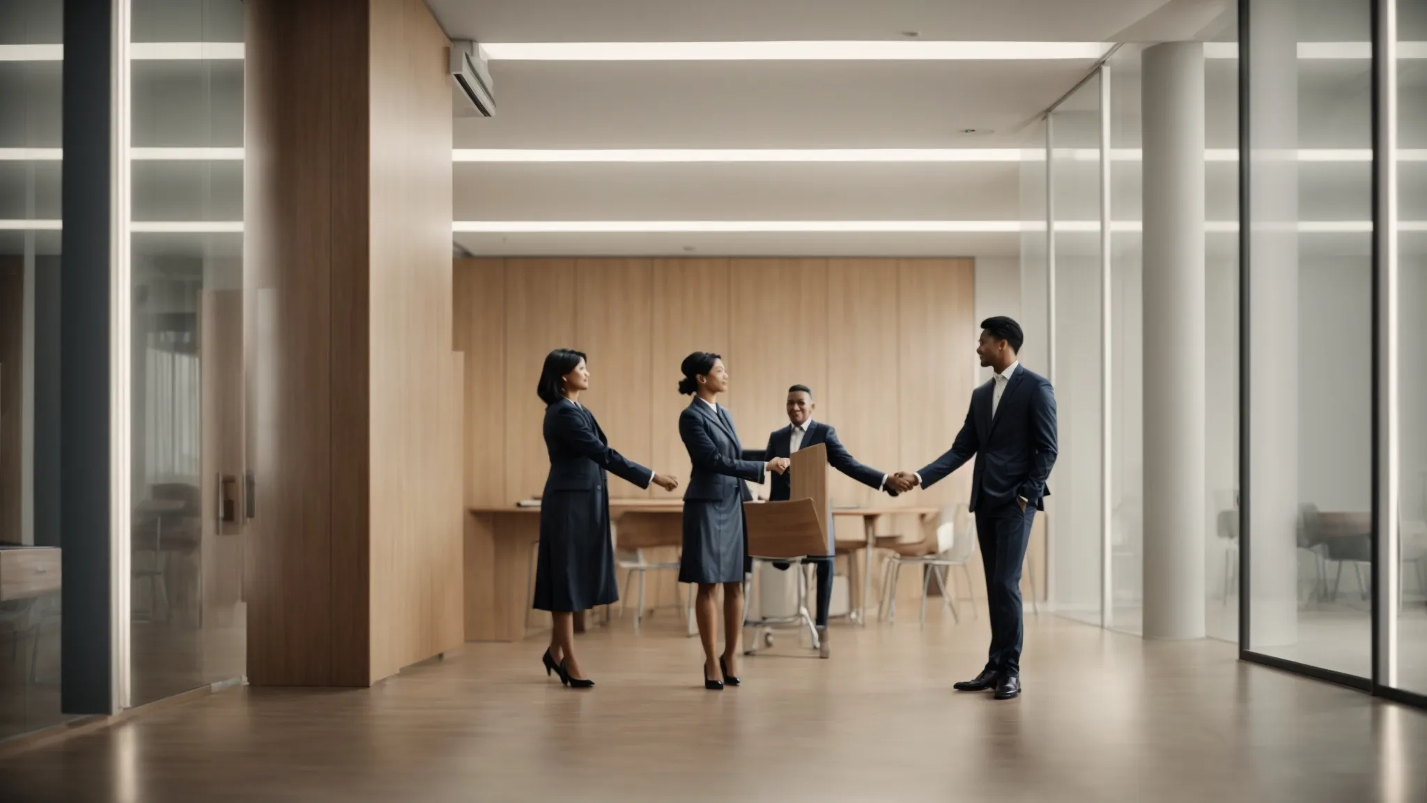 a meeting room with two people shaking hands in agreement, symbolizing a successful partnership formation.