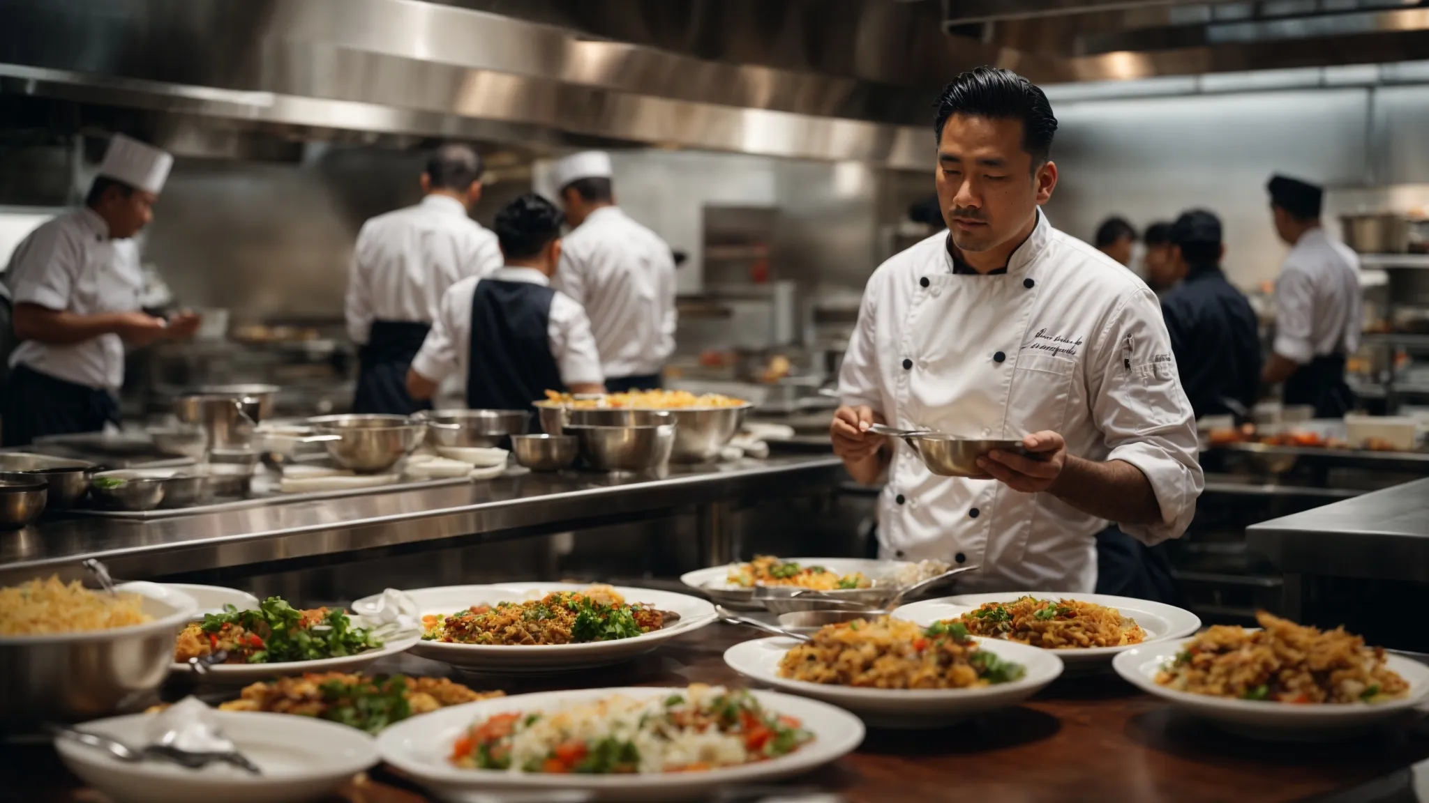 a chef presents an array of international dishes to intrigued diners in a bustling, modern restaurant.