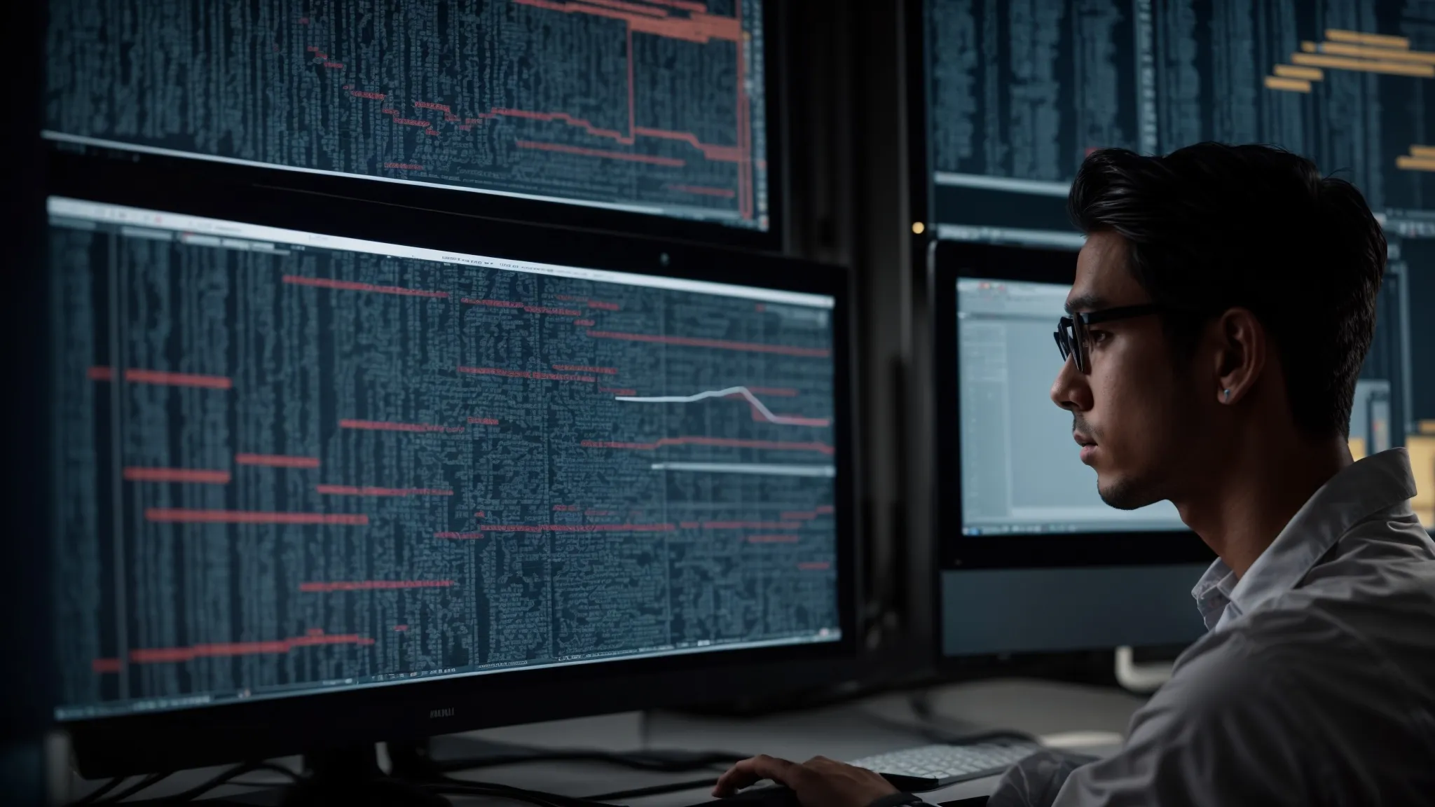a developer intently observes lines of code on a computer screen, surrounded by flowcharts and data structure diagrams.