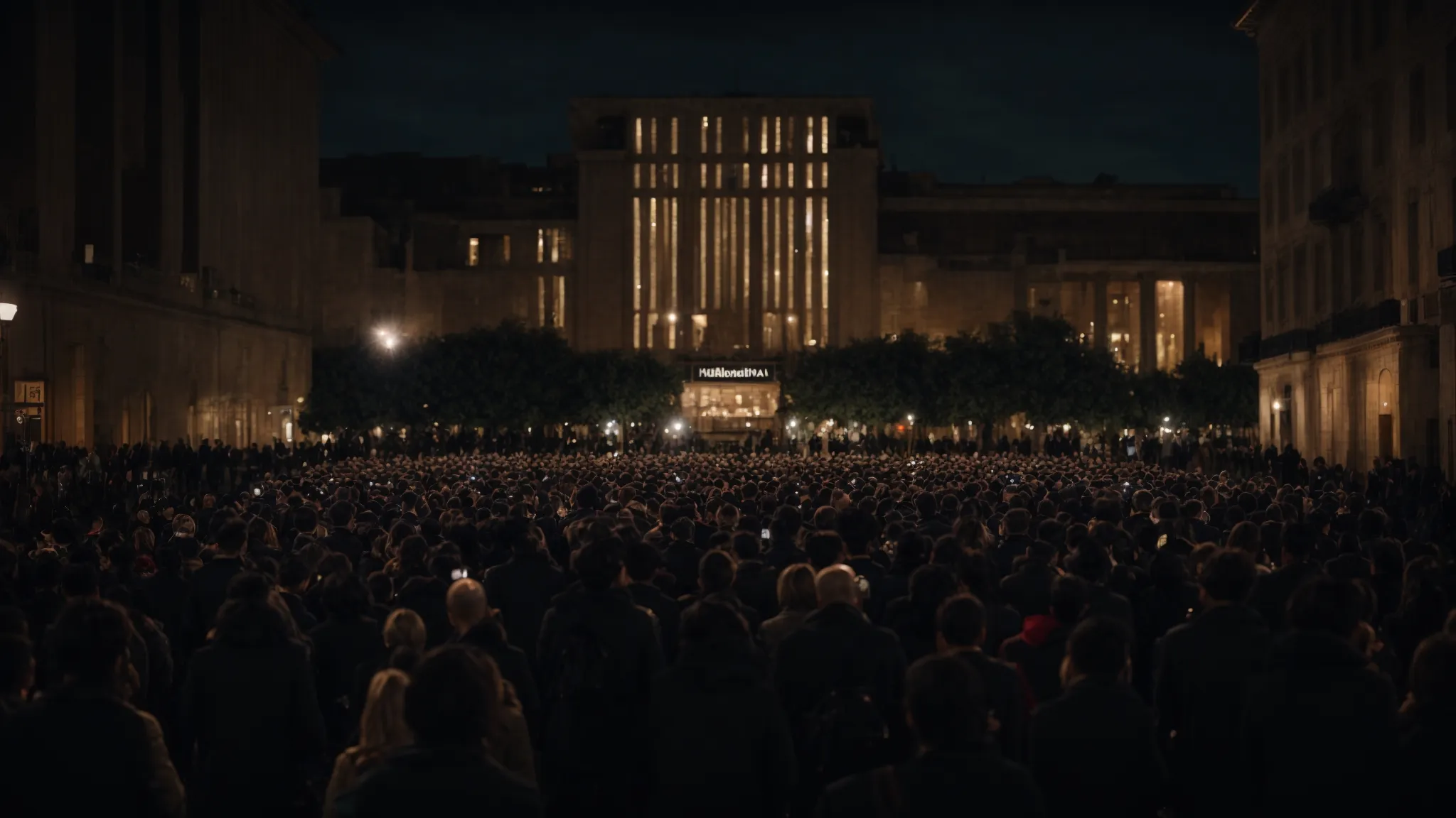 a crowd gathers in a city square under the glow of streetlights, faces directed towards a large, illuminated building in the distance.