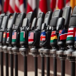 a row of microphones stands ready before an empty podium against a backdrop of multiple national flags.