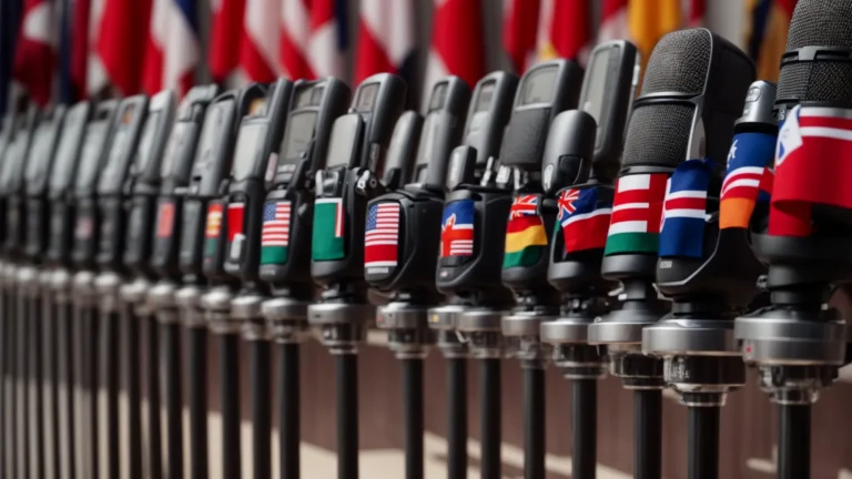 a row of microphones stands ready before an empty podium against a backdrop of multiple national flags.