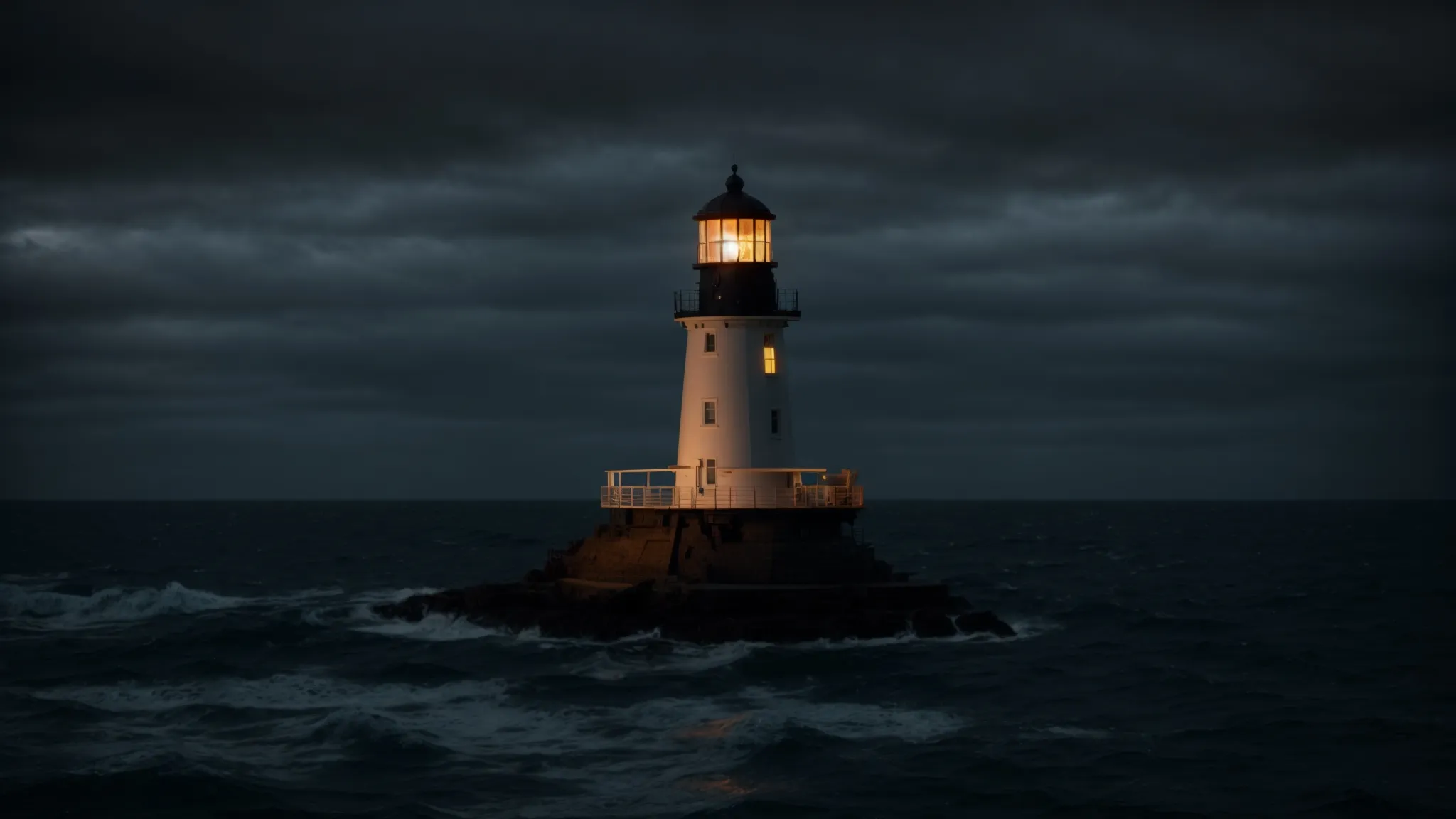 a guiding lighthouse illuminates the path for ships navigating treacherous nighttime waters.