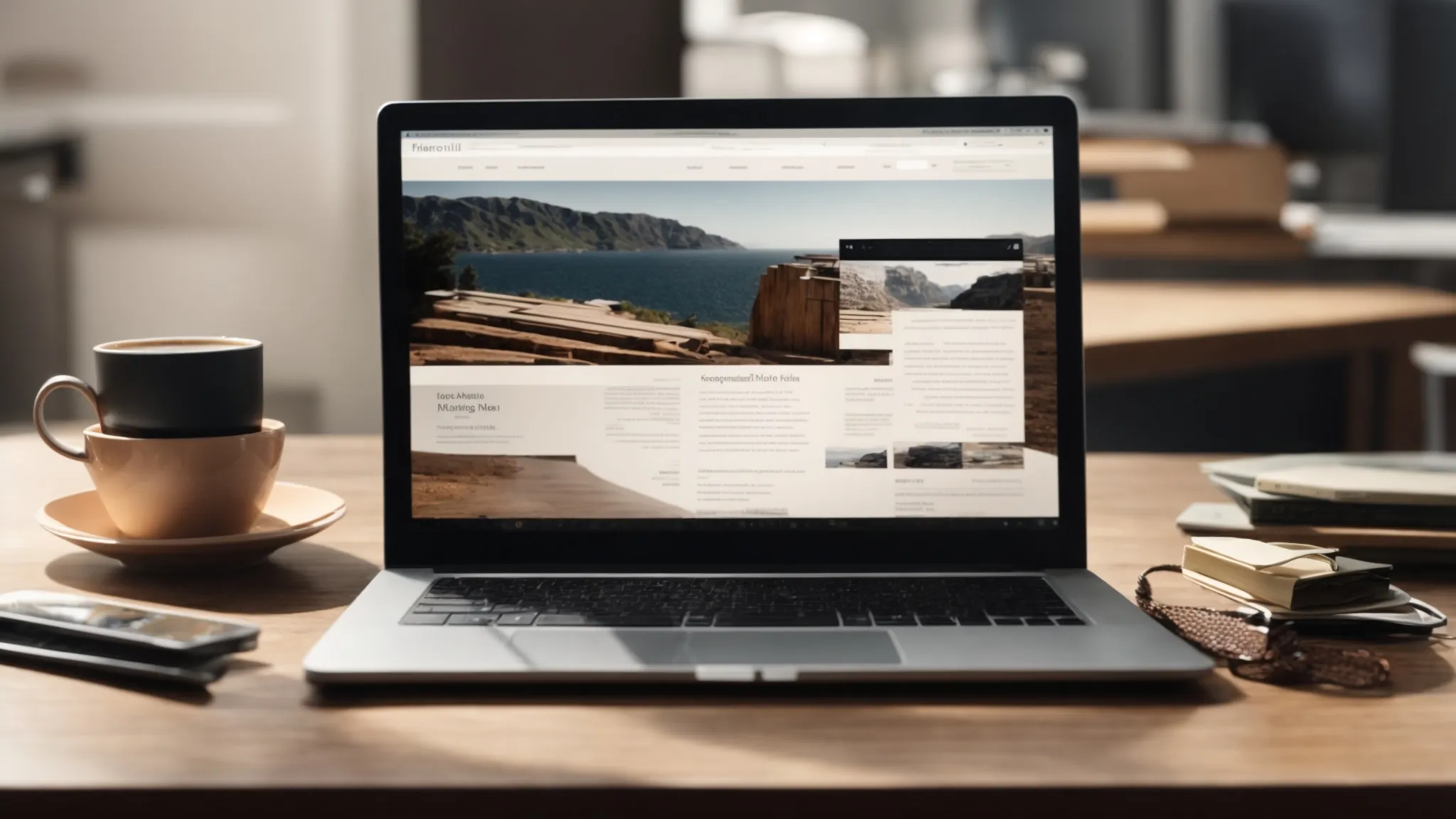 a desktop with an open laptop showing a website's homepage amidst seo strategy notes and a cup of coffee.