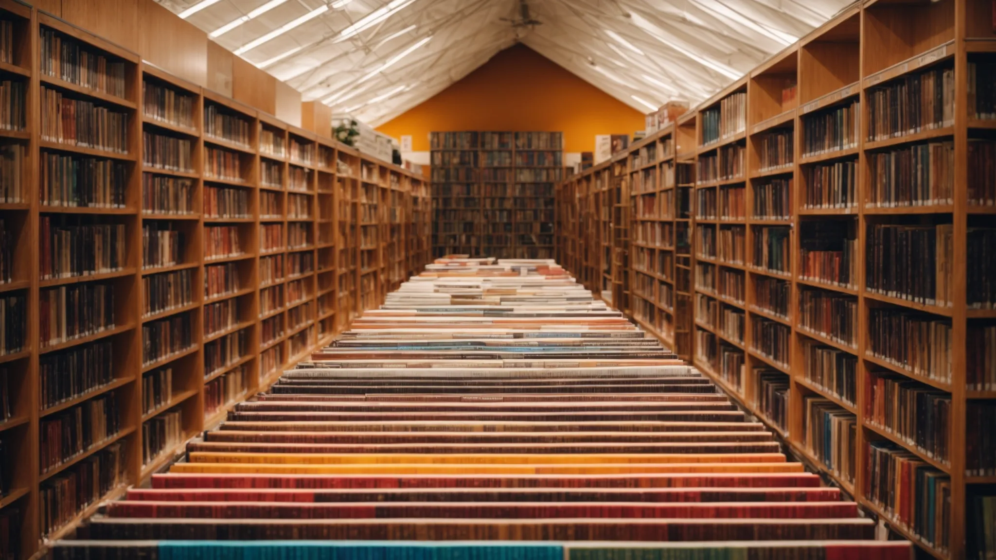 a vast library with rows of colorful book spines, subtly representing the diversity and structure of accessible and well-organized information.
