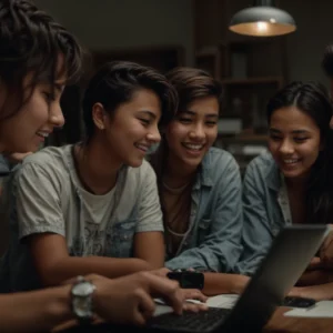 a group of young people huddled around a computer screen, visibly excited as they discuss a project.