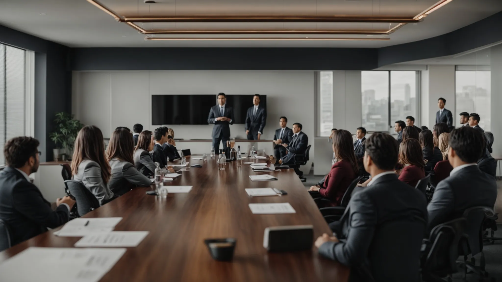 a wide conference room with an entrepreneur confidently presenting to a group of attentive investors seated around a large table.