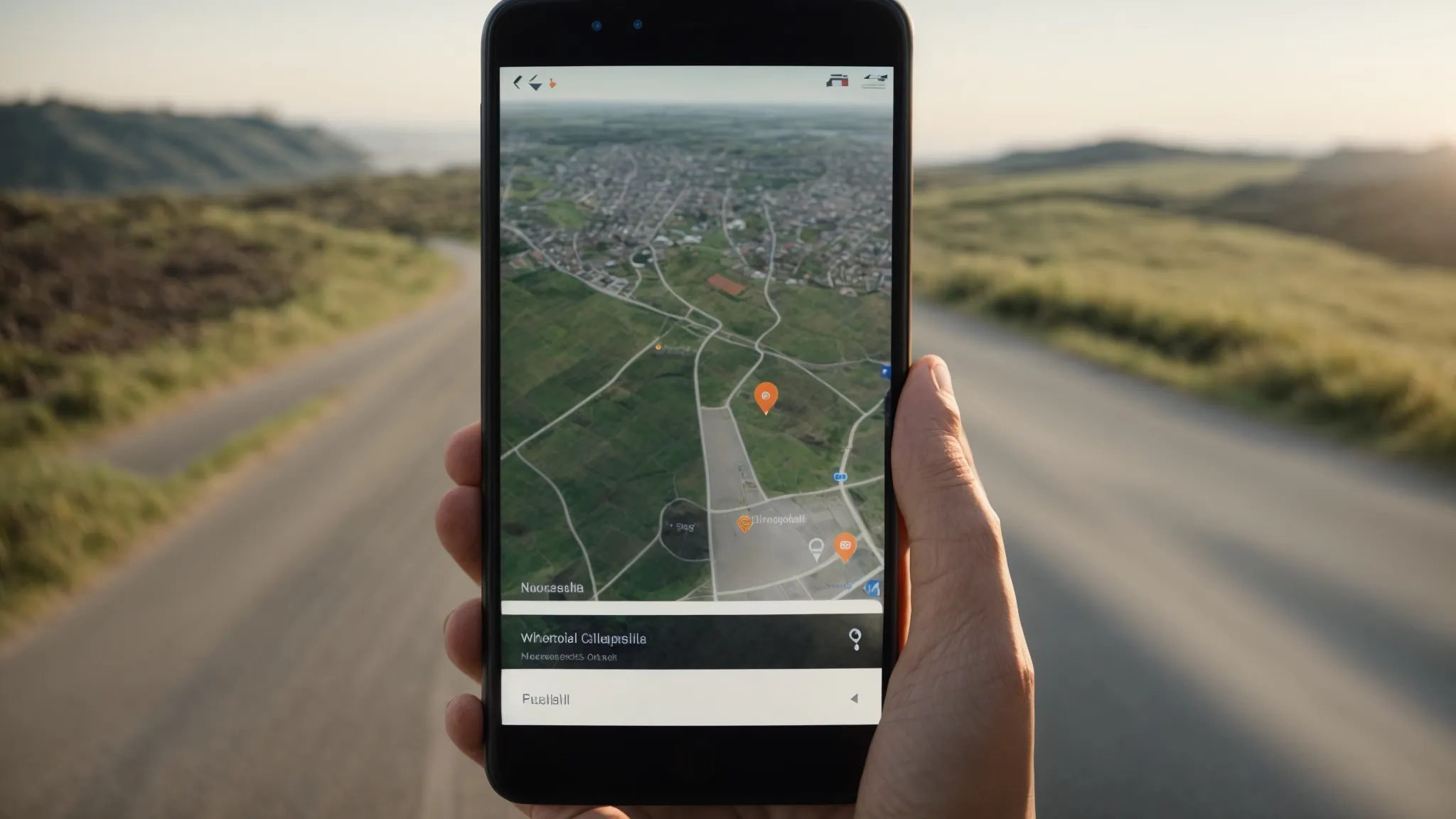 a person speaking into their smartphone while navigating a digital map of a local area on the screen.