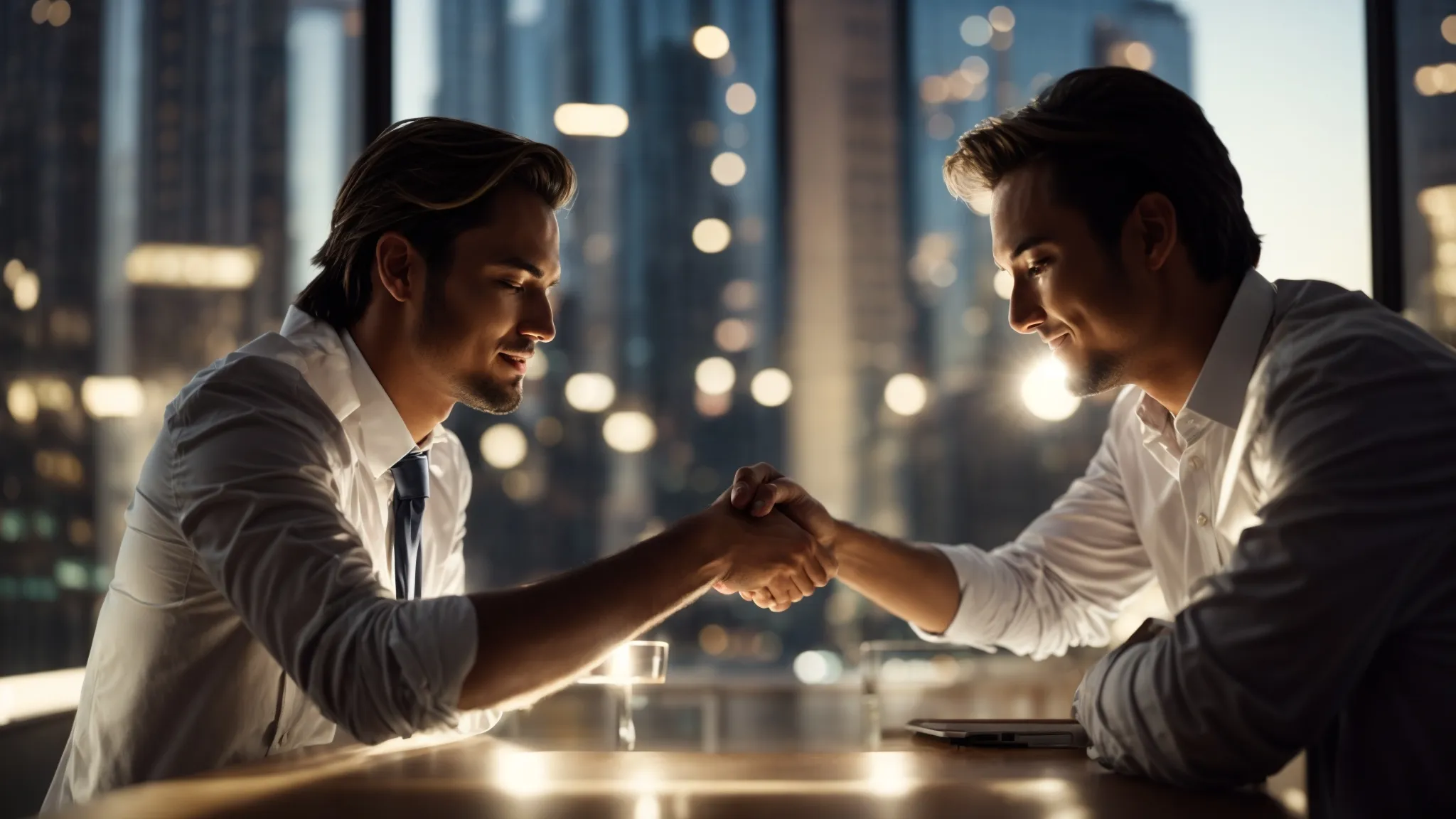 two entrepreneurs shaking hands across a table with bright light illuminating a model skyscraper between them.