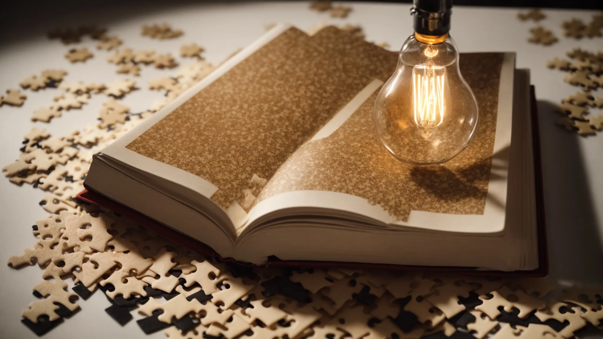 a large, open book surrounded by scattered puzzle pieces and a lightbulb illuminating above it.