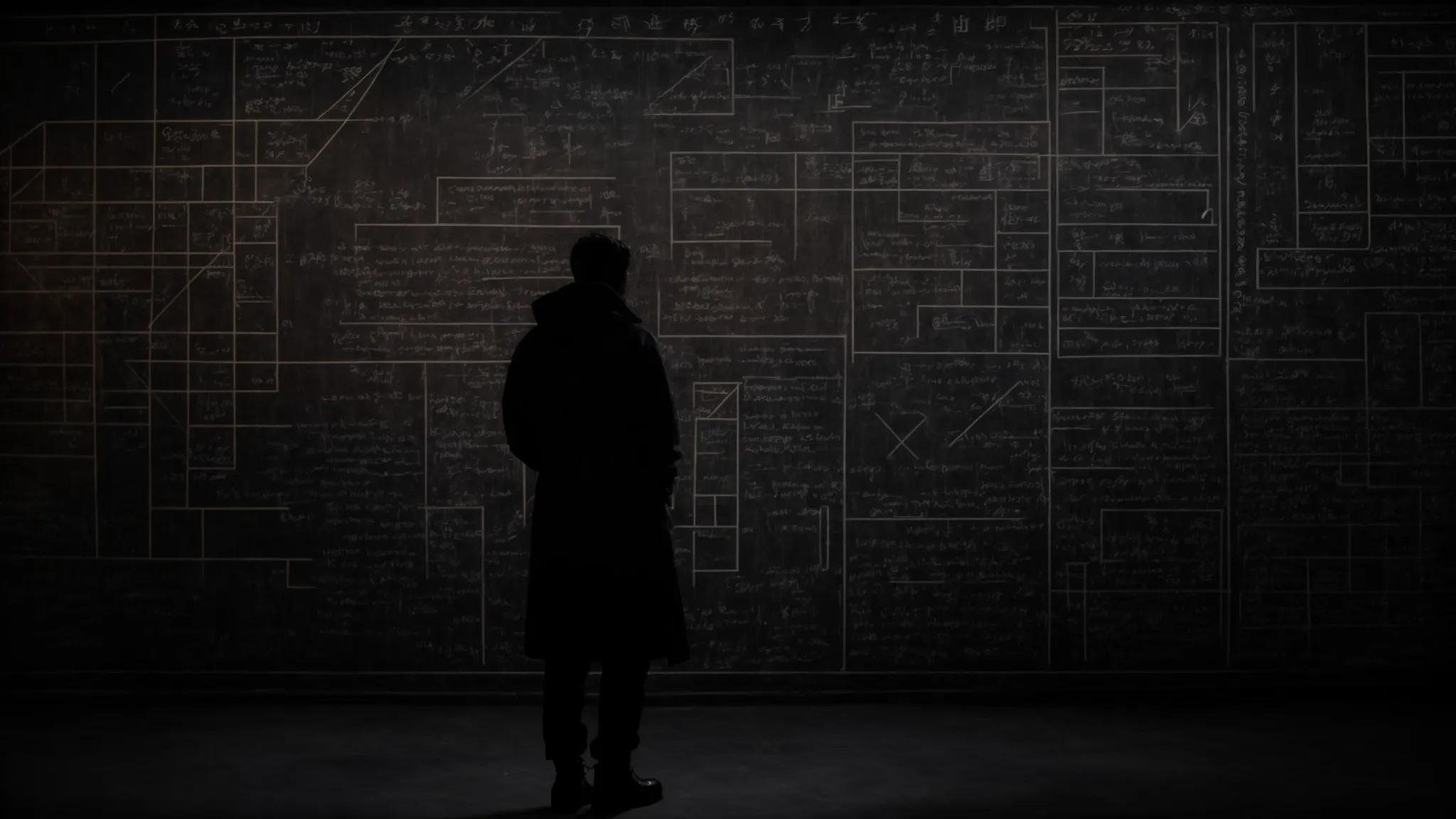 a silhouette of a person standing before a large chalkboard covered in various geometric shapes and symbols, pondering intensely.