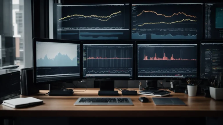 a modern office with multiple computer screens displaying graphs and seo analytics software interfaces.