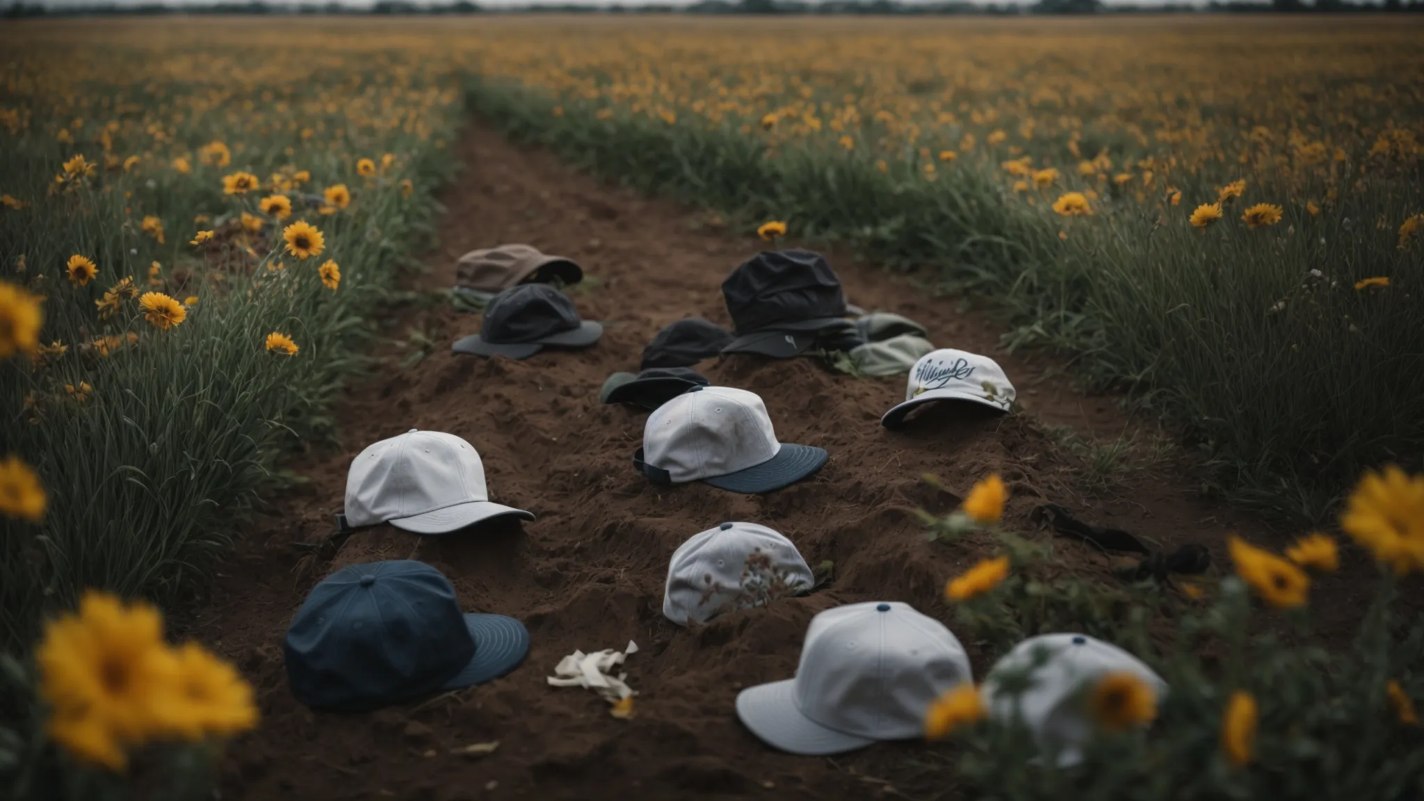 a field of wilting flowers beneath a grey sky, untouched baseball gloves and caps laid out in a solemn circle.