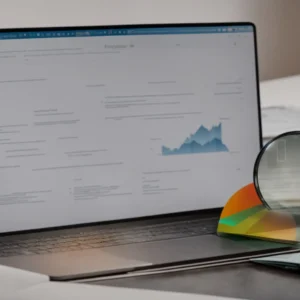 a laptop with a bright screen showing a graph and a magnifying glass on top of a document with the title “seo strategies.”