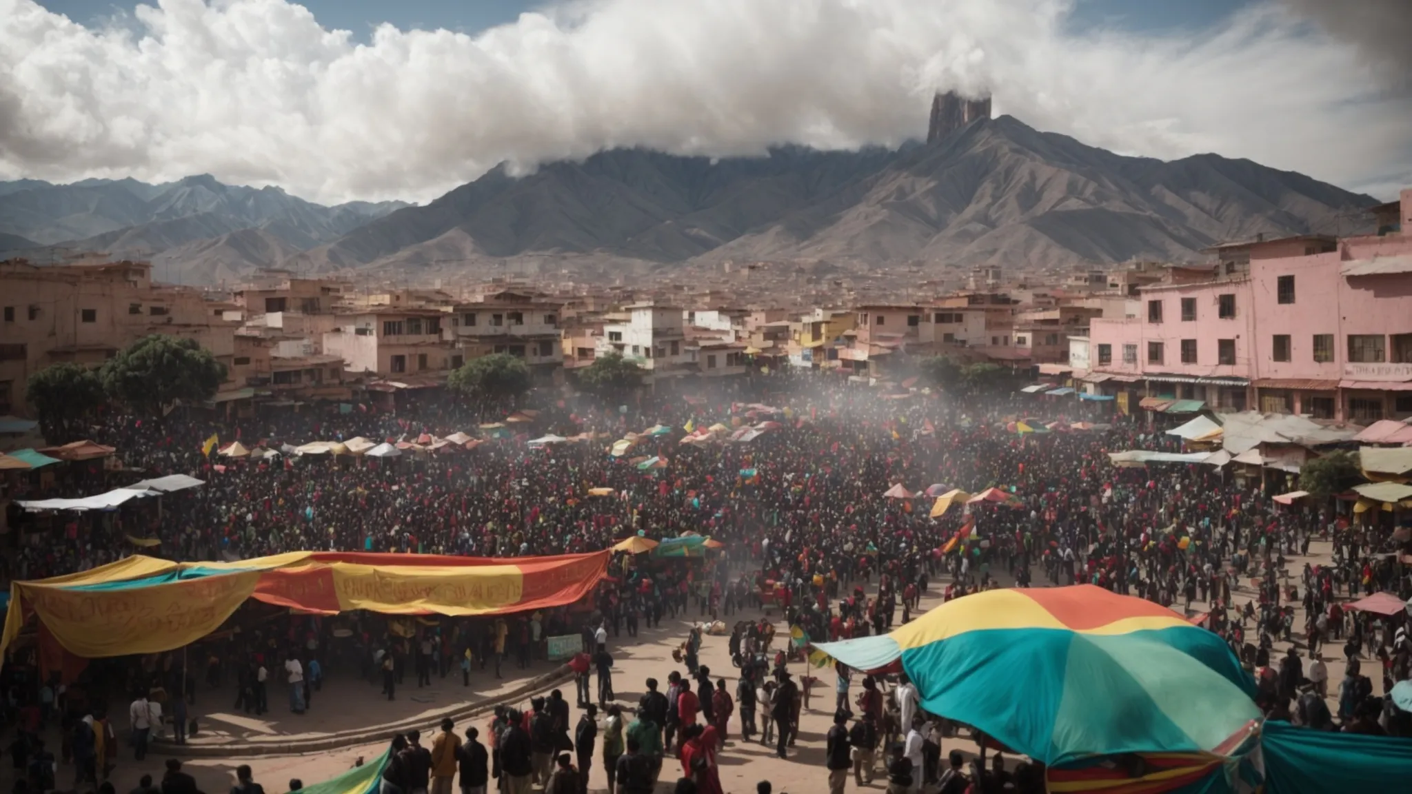 a crowd fills an urban square in bolivia, surrounded by colorful buildings and banners fluttering against a backdrop of distant mountains, expressing collective unrest.