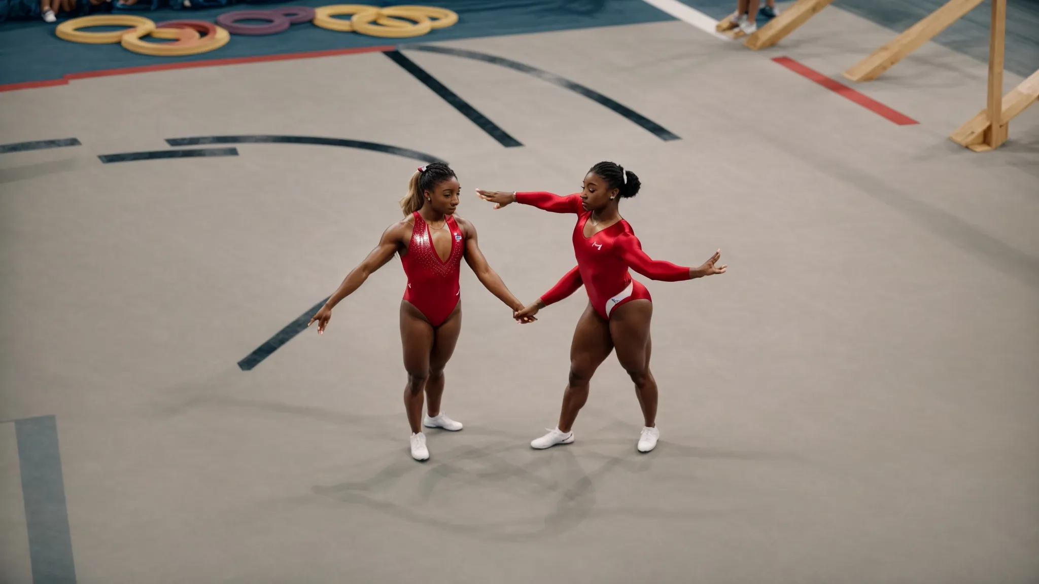 taylor swift and simone biles stand side by side on a gymnastics floor mat, striking a preparatory pose under the spotlight with the olympic rings in the background.