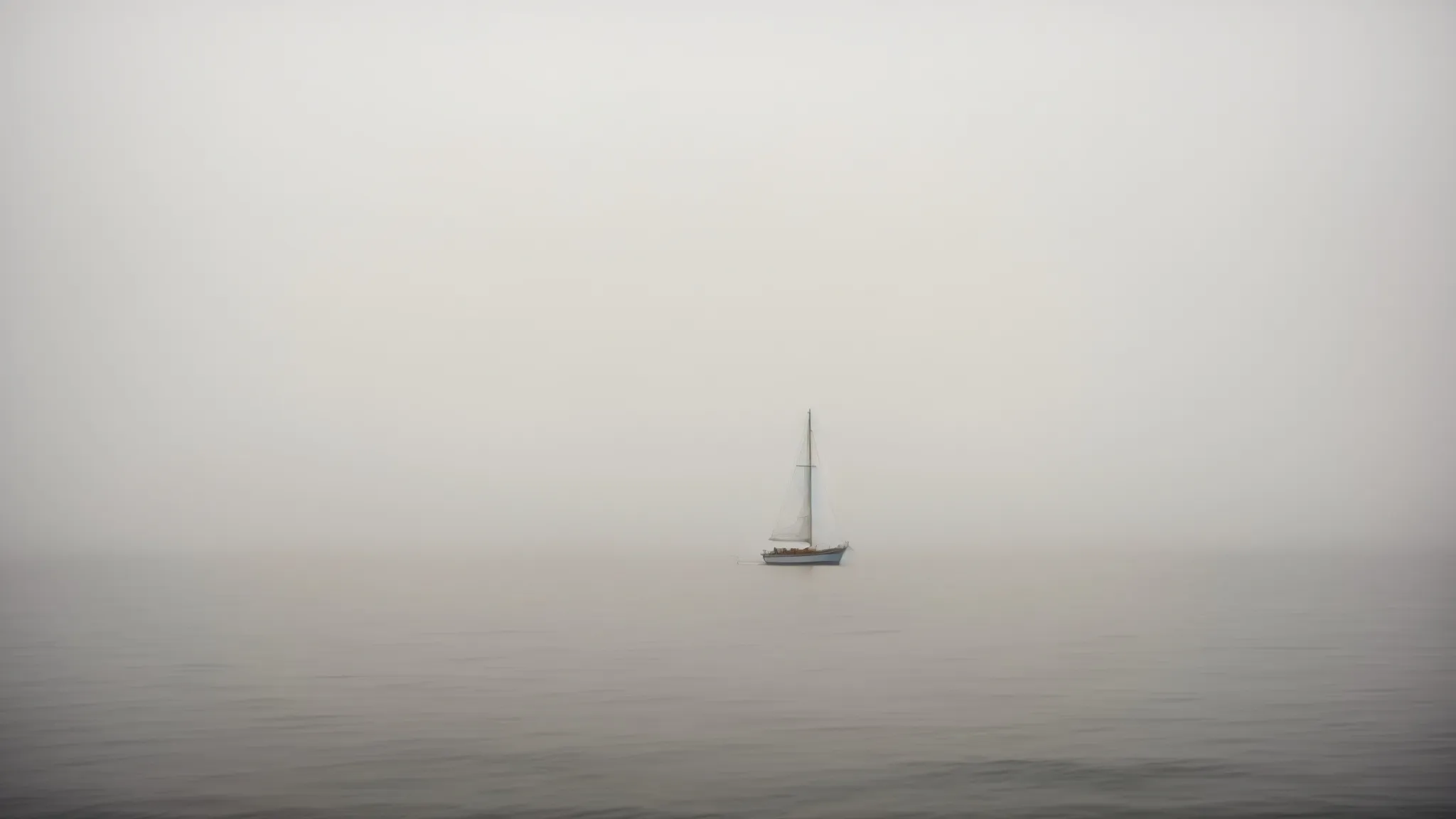 a lone, weathered sailboat drifts aimlessly on a fog-enshrouded ocean, embodying the lost dreams of its owner.