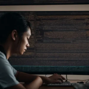 a person sitting in front of a computer screen filled with complex code and diagrams, studying intently.
