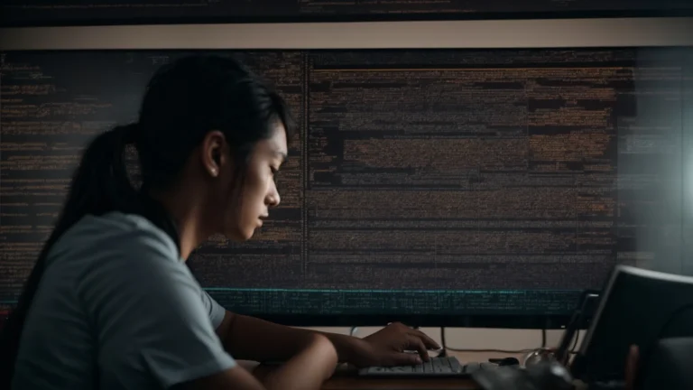 a person sitting in front of a computer screen filled with complex code and diagrams, studying intently.