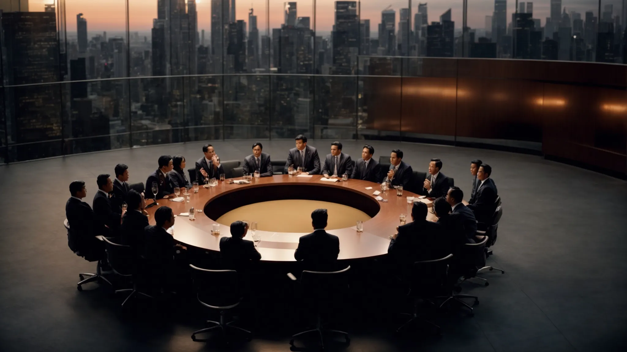 a dimly lit, large round table where a group of people engage in intense discussion, overshadowed by the towering skyline of a financial district at twilight.