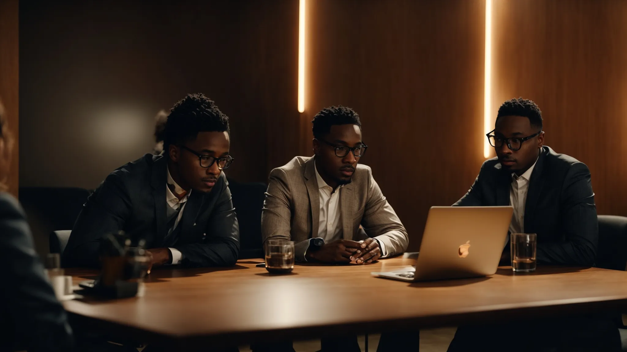 a group of diverse startup team members discusses strategies around a conference table illuminated by the soft glow of laptops and lights, embodying the spirit of innovation and partnership.
