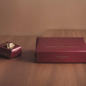 a beautifully wrapped box of assorted chocolates sits atop a shiny, elegant table.