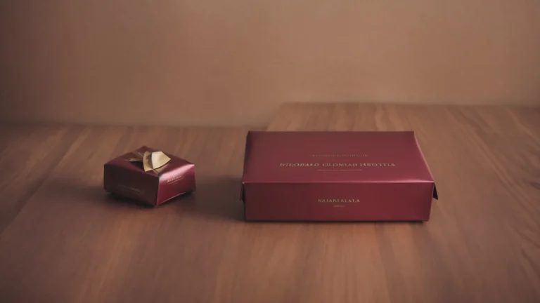 a beautifully wrapped box of assorted chocolates sits atop a shiny, elegant table.