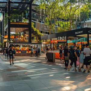 a dynamic urban plaza teeming with tourists engaging in sustainable practices, showcasing vibrant kiosks with eco-friendly products and engaging displays that promote responsible exploration of protected landscapes.