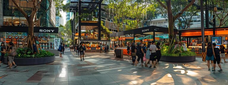 a dynamic urban plaza teeming with tourists engaging in sustainable practices, showcasing vibrant kiosks with eco-friendly products and engaging displays that promote responsible exploration of protected landscapes.