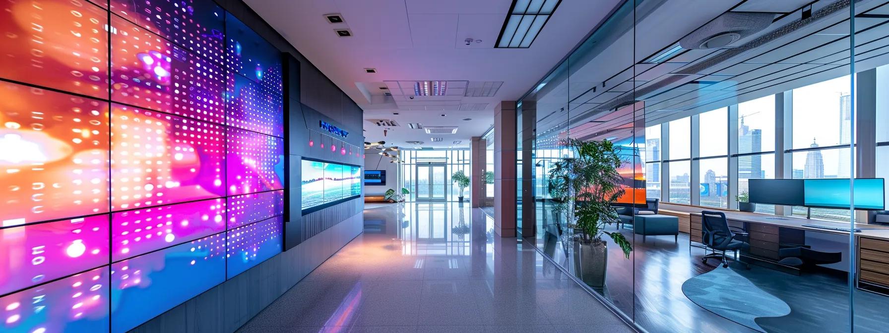 a modern, sleek office space showcases a vibrant digital display of innovative technologies intertwined with sustainable travel practices, emphasizing the future of green tourism initiatives.