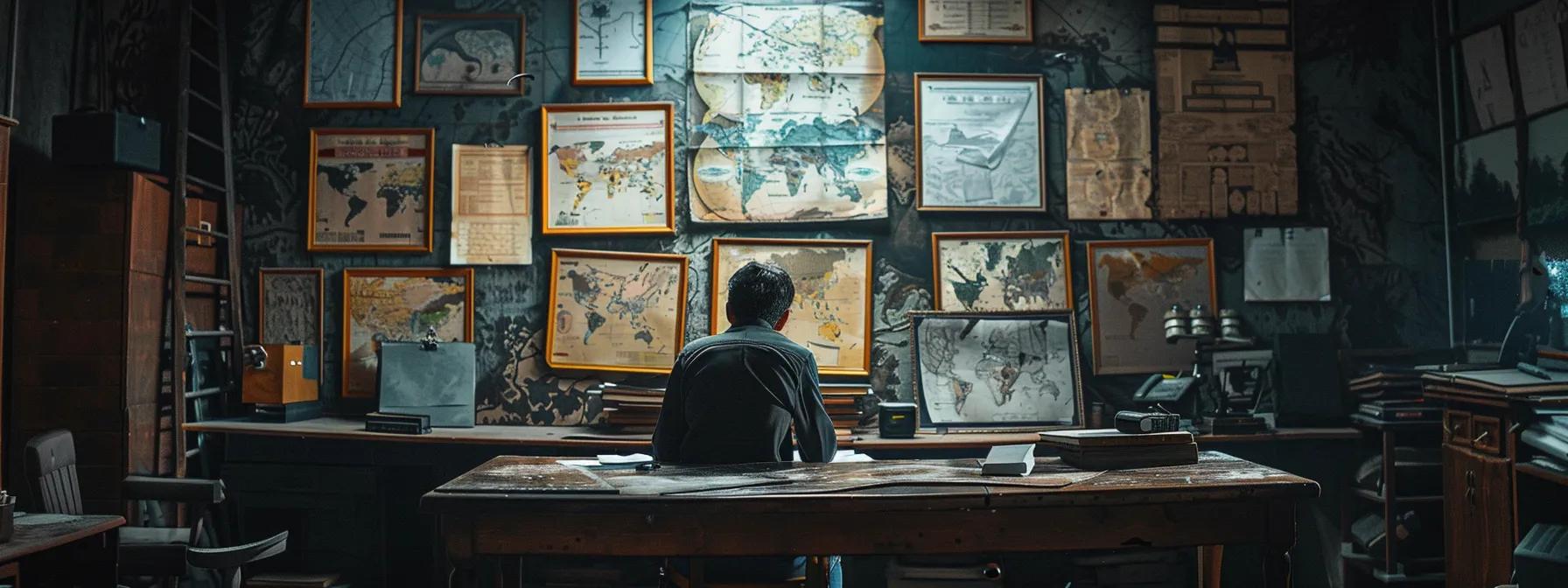 a dimly lit office adorned with framed historical battle maps, where a solitary figure stands pondering over a stark contract torn in half, symbolizing the hidden costs of celebrated military victories. a dimly lit office adorned with framed historical battle maps, where a solitary figure stands pondering over a stark contract torn in half, symbolizing the hidden costs of celebrated military victories.