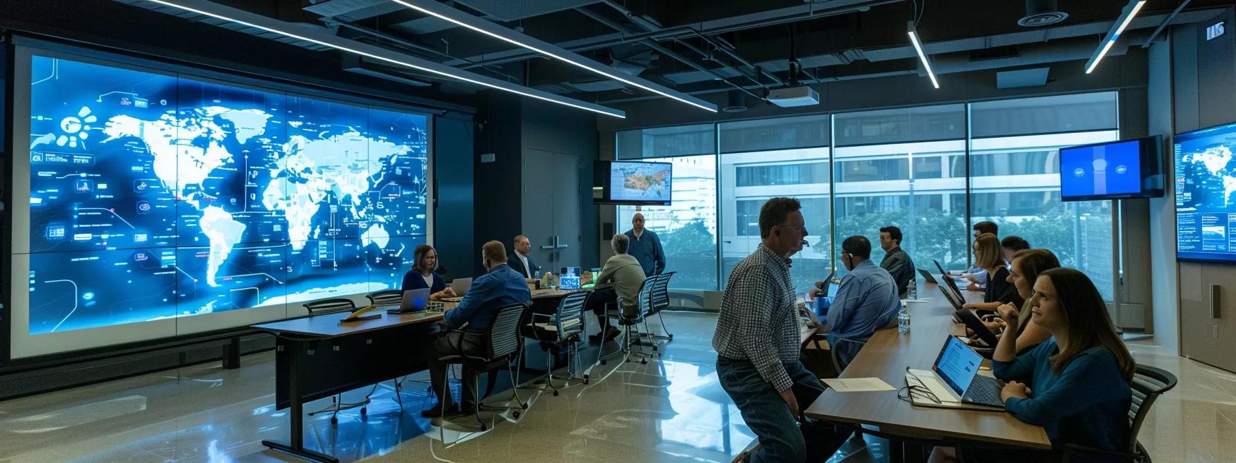 a dynamic urban conference room filled with engaged professionals, passionately discussing climate change solutions while high-tech displays showcase innovative renewable energy technologies.