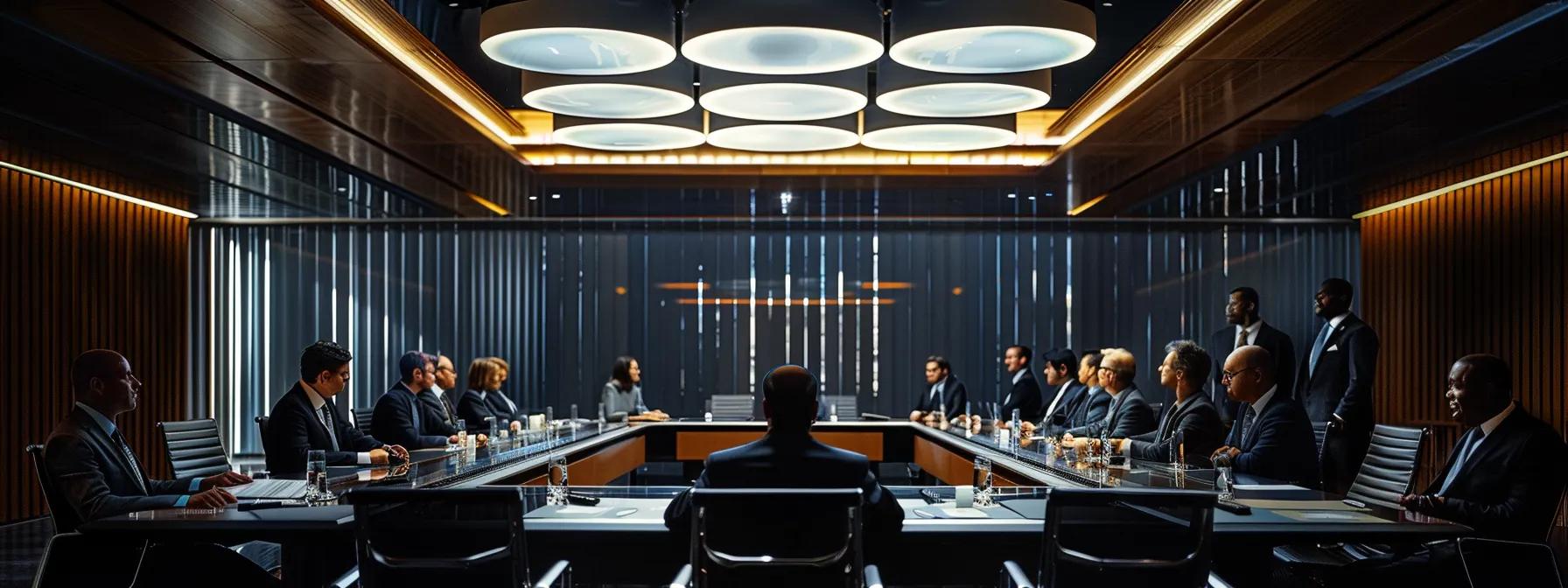 a high-stakes boardroom filled with somber executives engaged in intense discussion around a sleek conference table, illuminated by dramatic overhead lighting, reflecting the complexities of post-military campaign strategy and diplomatic challenges. a high-stakes boardroom filled with somber executives engaged in intense discussion around a sleek conference table, illuminated by dramatic overhead lighting, reflecting the complexities of post-military campaign strategy and diplomatic challenges.