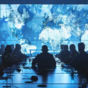 a stark, dimly-lit conference room filled with tense military strategists reviewing a large digital map projected onto a screen, reflecting the complex narratives and illusions of victory in modern warfare.