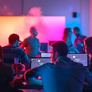 a vibrant, modern workspace filled with cutting-edge technology, showcasing a diverse group of creative professionals collaboratively brainstorming innovative ideas, illuminated by dynamic led lighting that reflects a futuristic atmosphere.